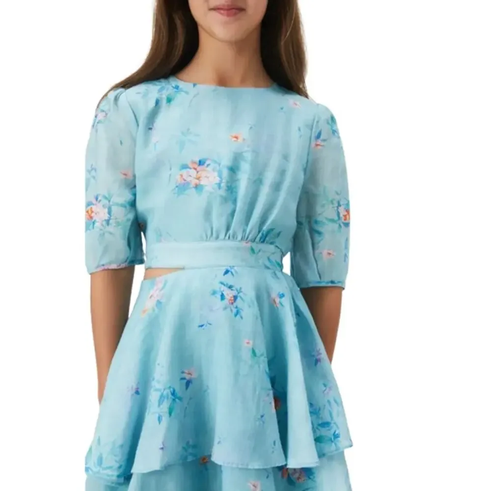 BARDOT Girl's Cindy Floral Cutout Dress Size 8 SMALL Blue Flora Puff Sleeve NWT